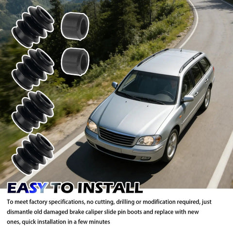 Silver car on road with 4PCS Rubber Brake Caliper Slide Pin Bushing Kit overlay, DIY install message