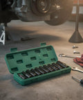 Rock Solid Chrome Vanadium Steel 11 Piece Extended Socket Set With Hex Bit Adapter And Deep Reach Tool Kit For Heavy Duty Auto Repair And Machinery Jobs Ranging From 10mm To 24mm That Will Rock Your World Today in green case