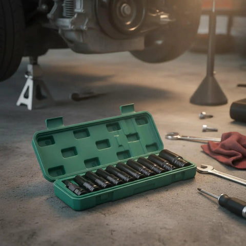 Rock Solid Chrome Vanadium Steel 11 Piece Extended Socket Set With Hex Bit Adapter And Deep Reach Tool Kit For Heavy Duty Auto Repair And Machinery Jobs Ranging From 10mm To 24mm That Will Rock Your World Today in green case