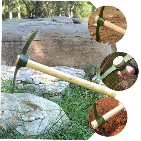 Steel Gardening Pickaxe Handle Digging Tool For Vegetable Farming And Outdoor Yard Work Durable Garden Hoe For Weeding Trenching Planting And Soil Maintenance, wooden handle on rocks and grass