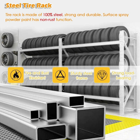 Steel tire rack with multiple tires, sturdy steel frame, highlighting fire resistance. Three Tier Adjustable Tire Rack Built Tough For Garage And Auto Shop 1100lb Capacity Heavy Duty Tire Organizer For Stacking Tires And Tools Stable Wide Feet And Reinforced Columns For Easy Safe Storage.