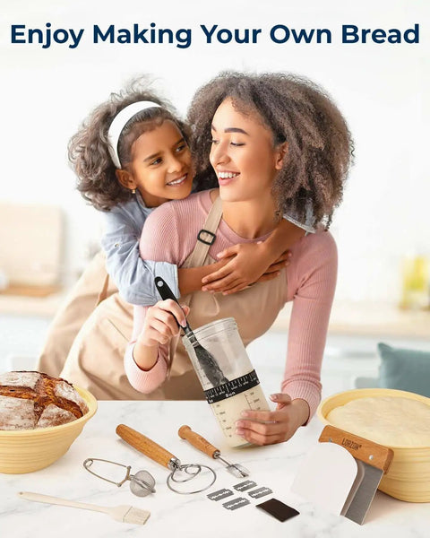 Mother and daughter enjoying All-In-One Sourdough Starter Kit With Silicone Proofing Baskets And Jar, proofing bread at home.