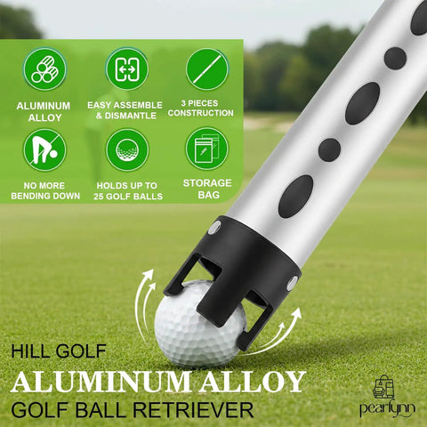 Close-up of Golf Ball Retriever And Picker Upper Tube with aluminum alloy, smart claw grabbing golf ball on grass.