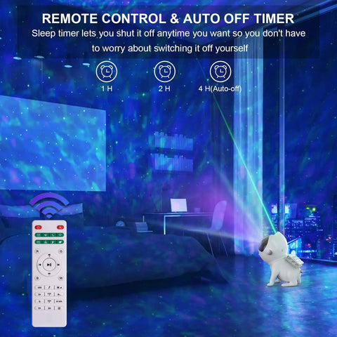 Dope Galaxy Night Light Projector With 6 In 1 Space Theme 21 Color Modes Bluetooth Speaker in bedroom setting with remote.