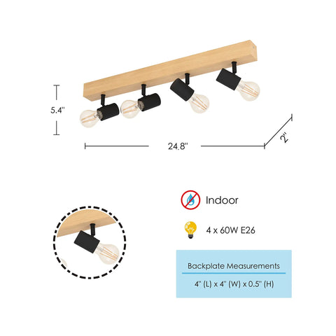 Dimensions and details of Kingswood 38 Inch Dope Modern Wood Track Light With Four LED Dimmable Heads, Black Finish.