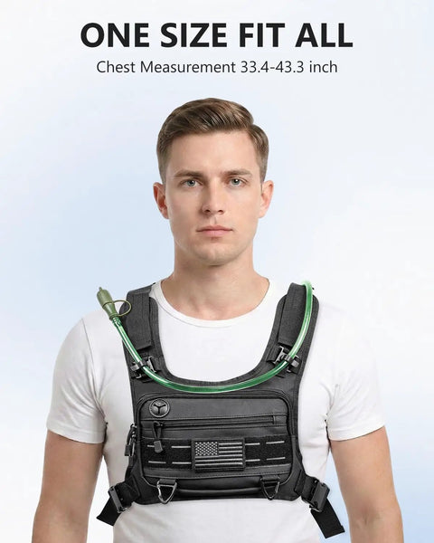 Model wearing lightweight running vest with 2L water bladder, one size fit all, suitable for hiking and marathon training.