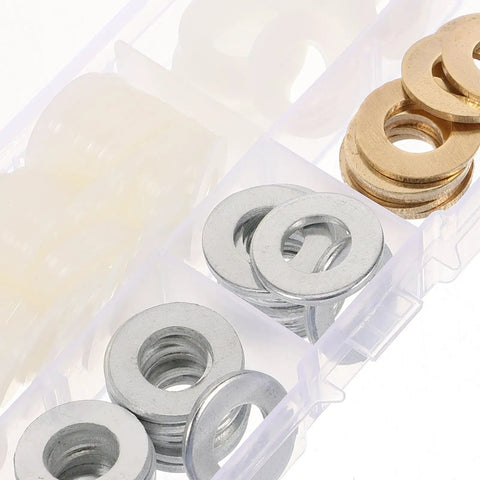 120 Piece Flat Washer Set Nylon Brass White Zinc Plated M10x20 For Commercial Appliances And Electrical Connections Industrial Spacer Kit Built For Tough Jobs Easy Install Workhorse Quality, assorted washers in organizer