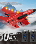 Foam RC Plane For Kids And Adults Easy To Fly Remote Control Airplane With Auto Balance Gyro SU-27 Inspired Fighter Jet Drone in flight with night lights over mountains, two batteries shown, 30 min playtime.