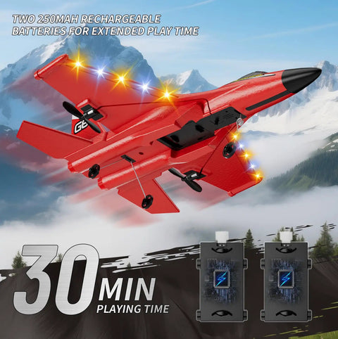 Foam RC Plane For Kids And Adults Easy To Fly Remote Control Airplane With Auto Balance Gyro SU-27 Inspired Fighter Jet Drone in flight with night lights over mountains, two batteries shown, 30 min playtime.