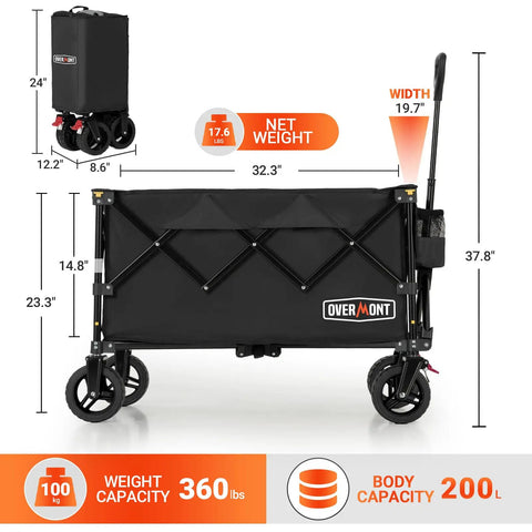 Beast Ultra Compact Folding Wagon With All-Terrain Wheels For Beach Trips Grocery Runs Camping And Gardening Heavy Duty 360 Lb Load Capacity Portable Black Cart dimensions and features shown
