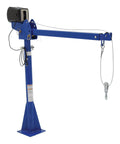 Rock Solid AC Powered Jib Crane Delivering 2000 Lb Capacity And Telescoping Boom features a sturdy blue steel design for easy lifting.