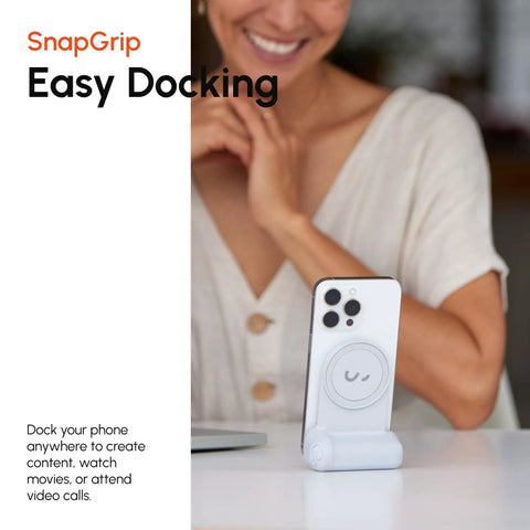 SnapGrip Pro Phone Camera Grip And Magnetic Power Bank With Qi2 Wireless Charging MagSafe Compatible Shutter Button All Phones Tabletop Dock