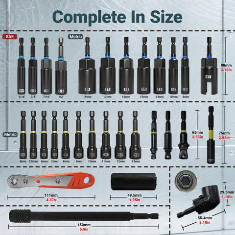 86-Piece Magnetic Impact Nut Driver Set With SAE And Metric Bits displayed with detailed measurements and components
