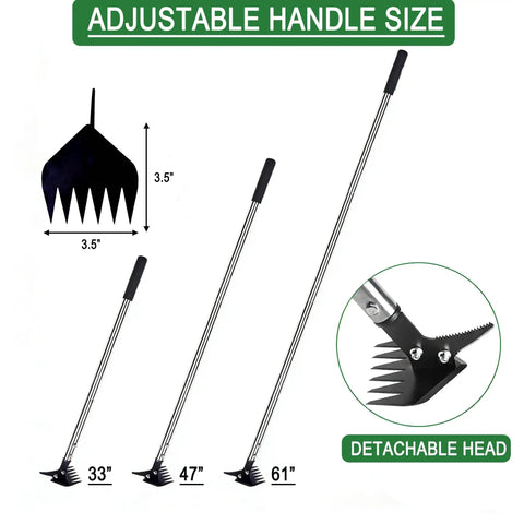 61 Inch Adjustable Weed Puller With Detachable Head, 2-In-1 Weed Rake And Crack Weeder, Stainless Steel, three handle sizes