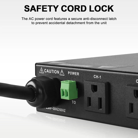 High Grade 10 Outlet Rackmount Power Conditioner And Sequencer AC power cord with secure safety cord lock mechanism.