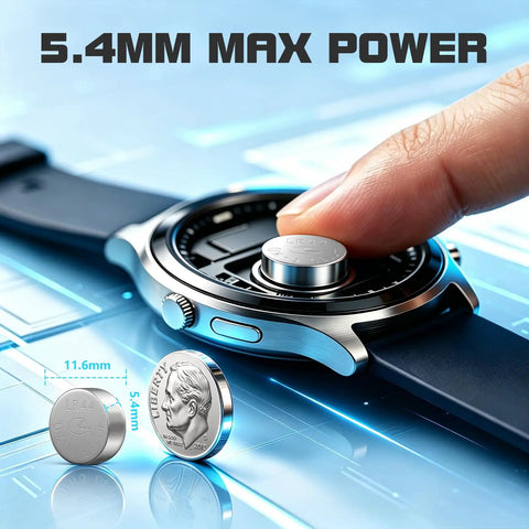 Heavy Duty LR44 AG13 357 Alkaline Button Cell Batteries 10 Pack 1.5V Coin Cells next to a watch with a finger pressing the battery.