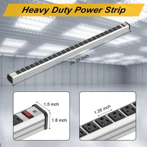 24 Outlet Heavy Duty Power Strip With 10 Ft Extension Cord, ETL Certified Metal Body, shown in a workshop setting with dimensions