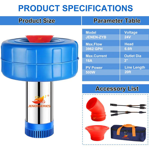 Product specifications for Solar Pond Fountain Aerator 0.5HP 24V Stainless Steel DC Floating Water Pump with accessories and details.