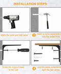 Installation steps for Rock Solid Metal Shelf Brackets Four Inch Square Design with tools and materials for securing to wall.
