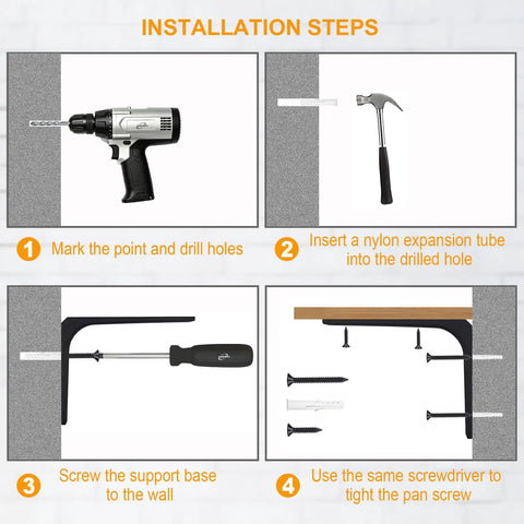 Installation steps for Rock Solid Metal Shelf Brackets Four Inch Square Design with tools and materials for securing to wall.