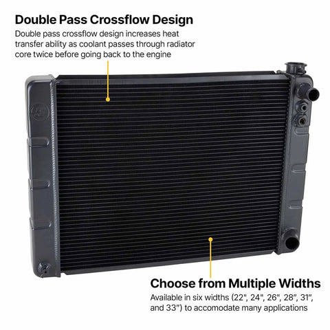 Windchill 3-Row Aluminum Radiator For LS Swap, 28 x 19 Inch Double Pass Core, black with LS-Spec fittings and steam port