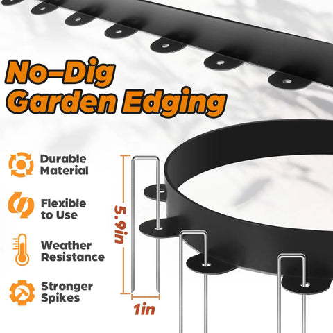 Flexible Plastic Landscape Edging Kit With 120 Metal Spikes, 1.5 Inch High, Easy Install Lawn Border for Gardens and Flower Beds