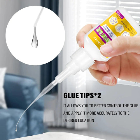 Close-up of Heavy Duty Fast Setting Wood Glue For Furniture And Woodworking And Clear Water Resistant Adhesive dispensing with precision tip.