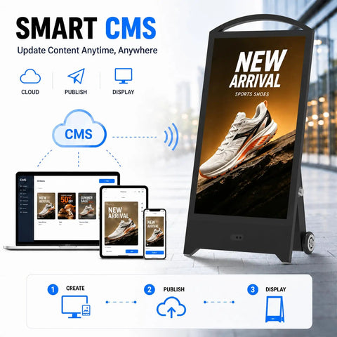 32 Inch Hella Bright Portable Outdoor Digital Signage Featuring 2000 Nits IP65 Waterproof Rugged LCD Display With 1200Wh Extended Run Time Battery showing sports shoes.