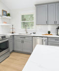 Modern kitchen with gray cabinets featuring Matte Black Square Cabinet Handles 30 Pack Stainless Steel Pulls for Kitchen and Drawers.