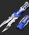 Dual Blade Pocket Knife For Everyday Carry And Camping, 8.5 Inch Folding Knife with blue aluminum handle and open blades.