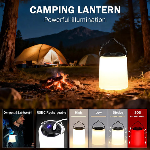 Ultra Durable 258 Piece Outdoor Survival Gear Kit with camping lantern illuminating campsite at night.