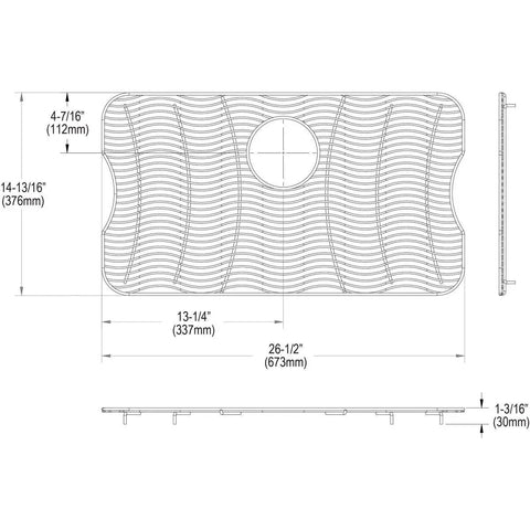 Stainless Steel Bottom Grid For Kitchen Sink 26-1/2 X 14-13/16 X 1 In with measurements and protective feet shown