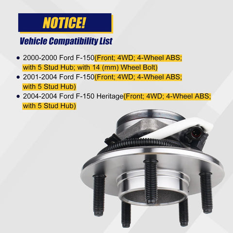 Front Wheel Bearing Hub Assembly 2 Pack For Ford F150 2000 To 2004 With ABS 5 Lug Bolts 14mm Studs Front Hub Replacement For 4WD Heritage 2004 Premium Quality Direct Fit next to vehicle compatibility list