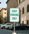 Two Pack Built Tough Reflective Parking Signs For Office Staff And Employees 18 By 12 Inch Aluminum Heavy Duty Surface Top Shelf Visibility No Nonsense Vehicle Lot Markers outside with cars parked.