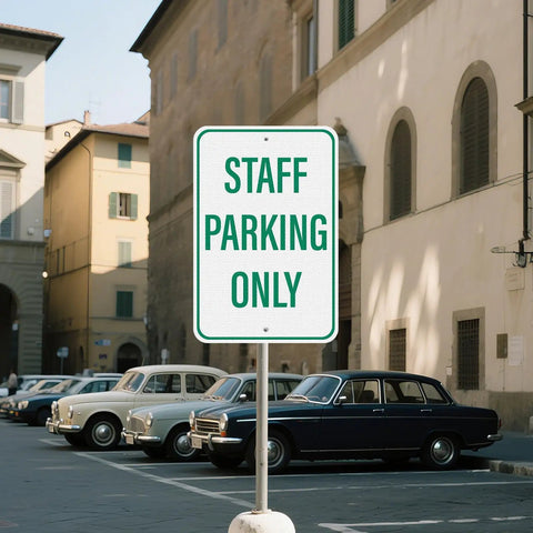 Two Pack Built Tough Reflective Parking Signs For Office Staff And Employees 18 By 12 Inch Aluminum Heavy Duty Surface Top Shelf Visibility No Nonsense Vehicle Lot Markers outside with cars parked.
