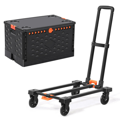 Collapsible Crate On Wheels Folding Hand Truck Set No Assembly Required Rollin Cart For Groceries Files Books And Tote Basket Mobile Storage For Home Or Office Lightweight Multi Purpose Rolling Cart with black and orange design featuring crate and hand truck, wheels visible for mobility.