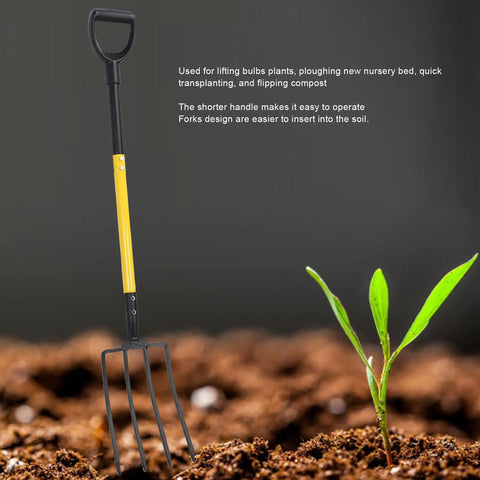 Heavy Duty Garden Fork With Four Tines And Y Grip For Digging And Loosening Soil 46 Inch Long Spading Fork in garden soil