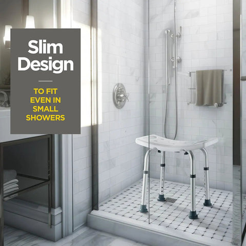 Shower Chair With Back Scrubber And Sponge, Tool Free Setup, Adjustable Height 13 To 19 Inches in a small shower
