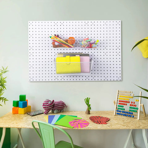 Pegboard Wire Basket Set for Hanging Wall Organization, 3 Size Bins for Pegboards and Slatwalls, white multi pack, installed view
