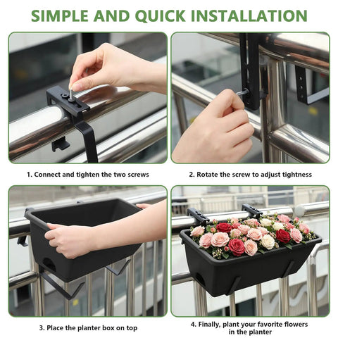 Railing Planter Box Kit 4 Pack With Adjustable Brackets 17 Inch Hanging Planters for outdoor plants installation guide.
