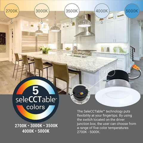 5 selectable colors diagram for 4 Inch LED Recessed Retrofit Trim Can Light Kit For Indoor Outdoor Use, 3 CCTs 3000K 4000K 5000K