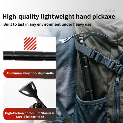 Double Headed Folding Pickaxe And Mattock For Camping And Yard Work All Purpose Tool stored in backpack pocket