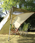Two Pack Adjustable Tarp Poles Aluminum Telescoping Rods For Camping set up with tan tarp and camping chairs outdoors