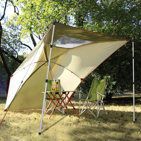 Two Pack Adjustable Tarp Poles Aluminum Telescoping Rods For Camping set up with tan tarp and camping chairs outdoors