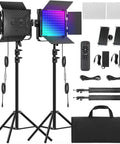 Two Pack RGB Photography Lighting Kit With 50W Bi Color LED Pro Grade Studio Lights 2300K To 8500K Dimmable For Photography Filming Cameras Video Recording Stage Streaming TikTok, showing complete kit with stands, remote, and bag.