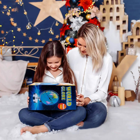 Child and adult holding 8 Inch Blue World Globe With Stainless Steel Stand, Rotating Earth Spinning Globe For Kids, Classroom Geography Tool.