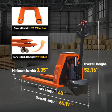 Heavy Duty Electric Pallet Jack With 4400 Lb Capacity And Lithium Battery showing dimensions: 48 inch fork length and 52.16 inch height.