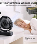 2 In 1 D Cell And USB Powered Fan For Outdoors Portable Battery Operated Fan With 4 Speeds Light Timer And Remote next to sleeping person