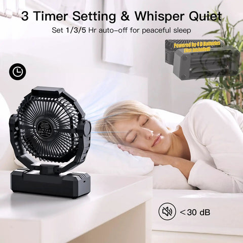 2 In 1 D Cell And USB Powered Fan For Outdoors Portable Battery Operated Fan With 4 Speeds Light Timer And Remote next to sleeping person