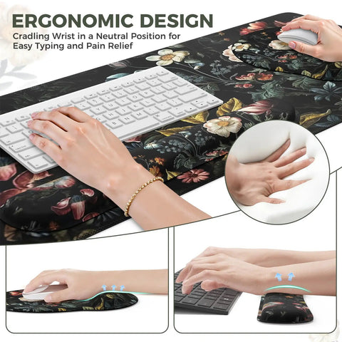 Floral 4in1 Large Desk Cover Mat With Ergonomic Wrist Rest, XXL Anti Slip Mouse Pad And Keyboard Pad, showing wrist support